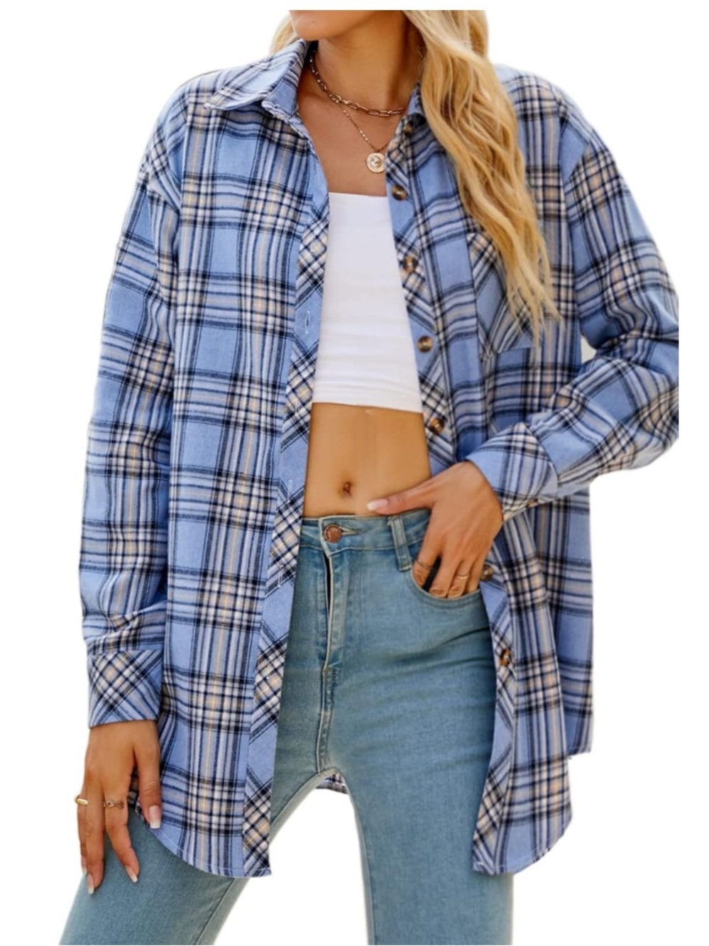 CHYRII Amazon Brand Women’s Oversized Blue Plaid Flannel Button Down Shirt